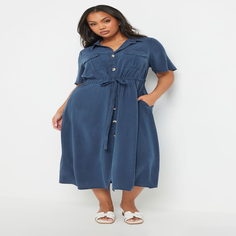 Yours Curve Blue Tie Waist Chambray Shirt Dress