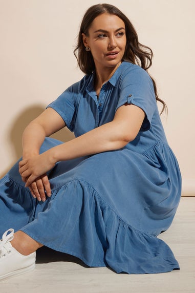 Yours Curve Blue Tiered Maxi Chambray Shirt Dress