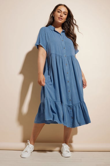 Yours Curve Blue Tiered Maxi Chambray Shirt Dress