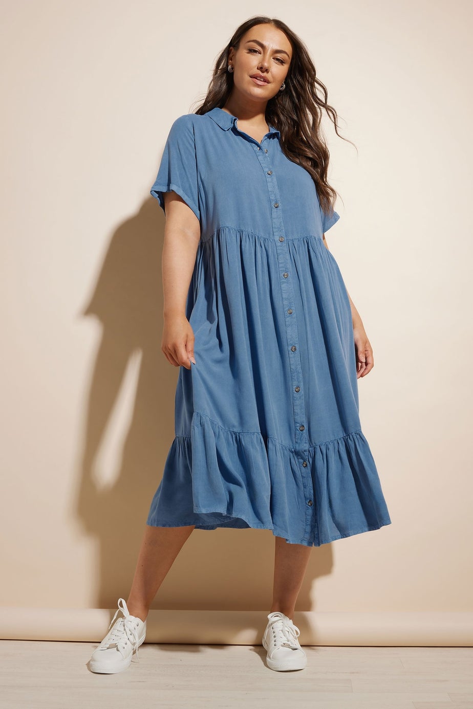 Yours Curve Blue Tiered Maxi Chambray Shirt Dress