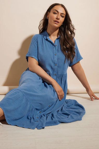 Yours Curve Blue Tiered Maxi Chambray Shirt Dress