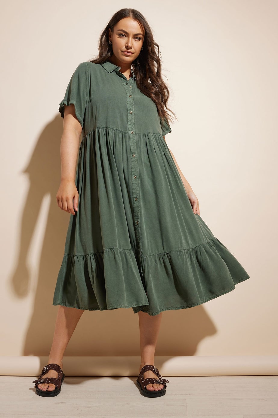 Yours Curve Khaki Green Tiered Maxi Chambray Shirt Dress