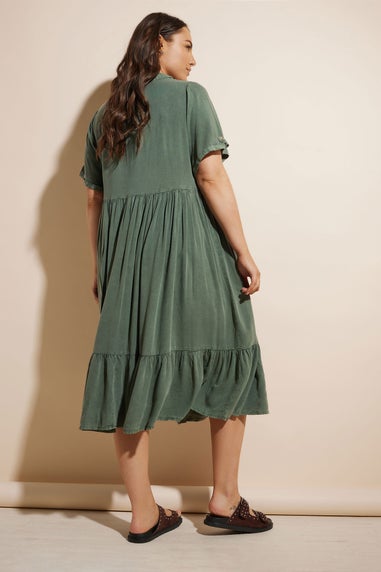 Yours Curve Khaki Green Tiered Maxi Chambray Shirt Dress