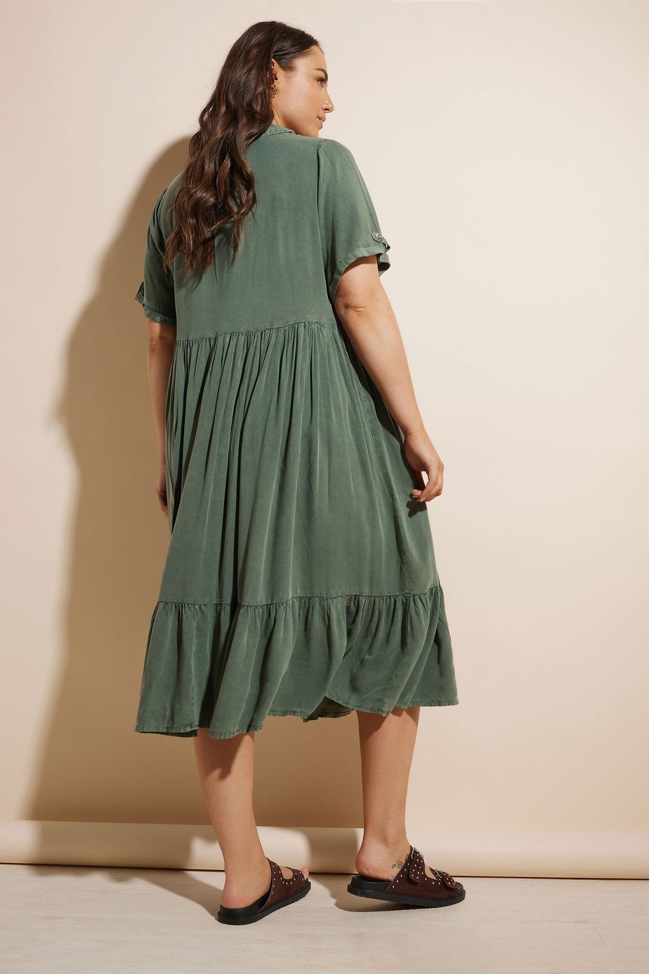 Yours Curve Khaki Green Tiered Maxi Chambray Shirt Dress