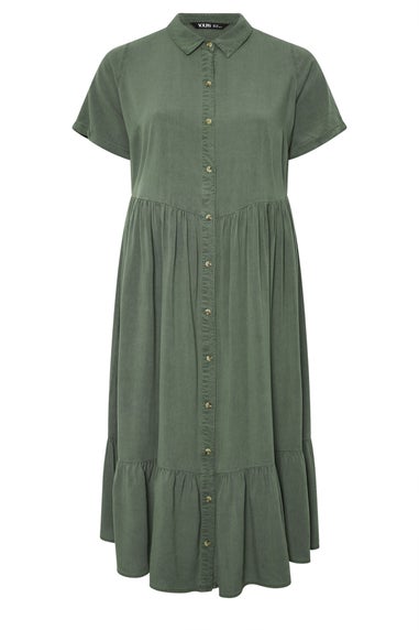 Yours Curve Khaki Green Tiered Maxi Chambray Shirt Dress