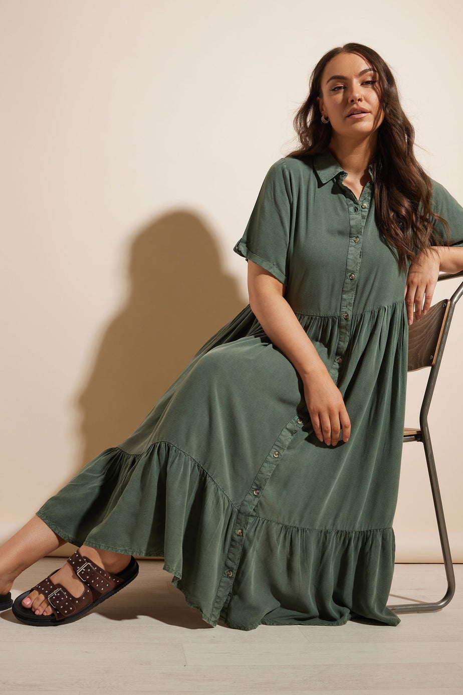 Yours Curve Khaki Green Tiered Maxi Chambray Shirt Dress