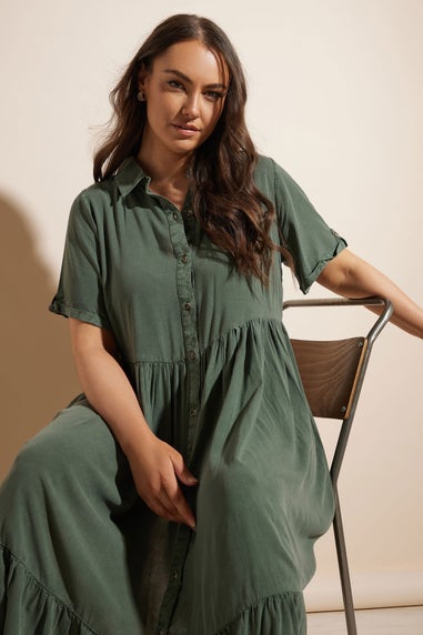 Yours Curve Khaki Green Tiered Maxi Chambray Shirt Dress