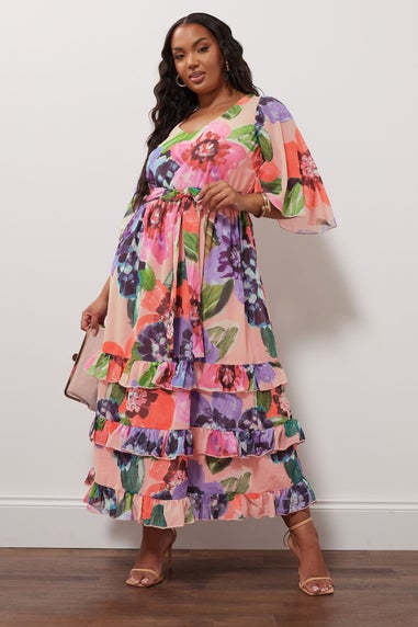 Yours London Curve Pink Floral Print Tiered Maxi Dress