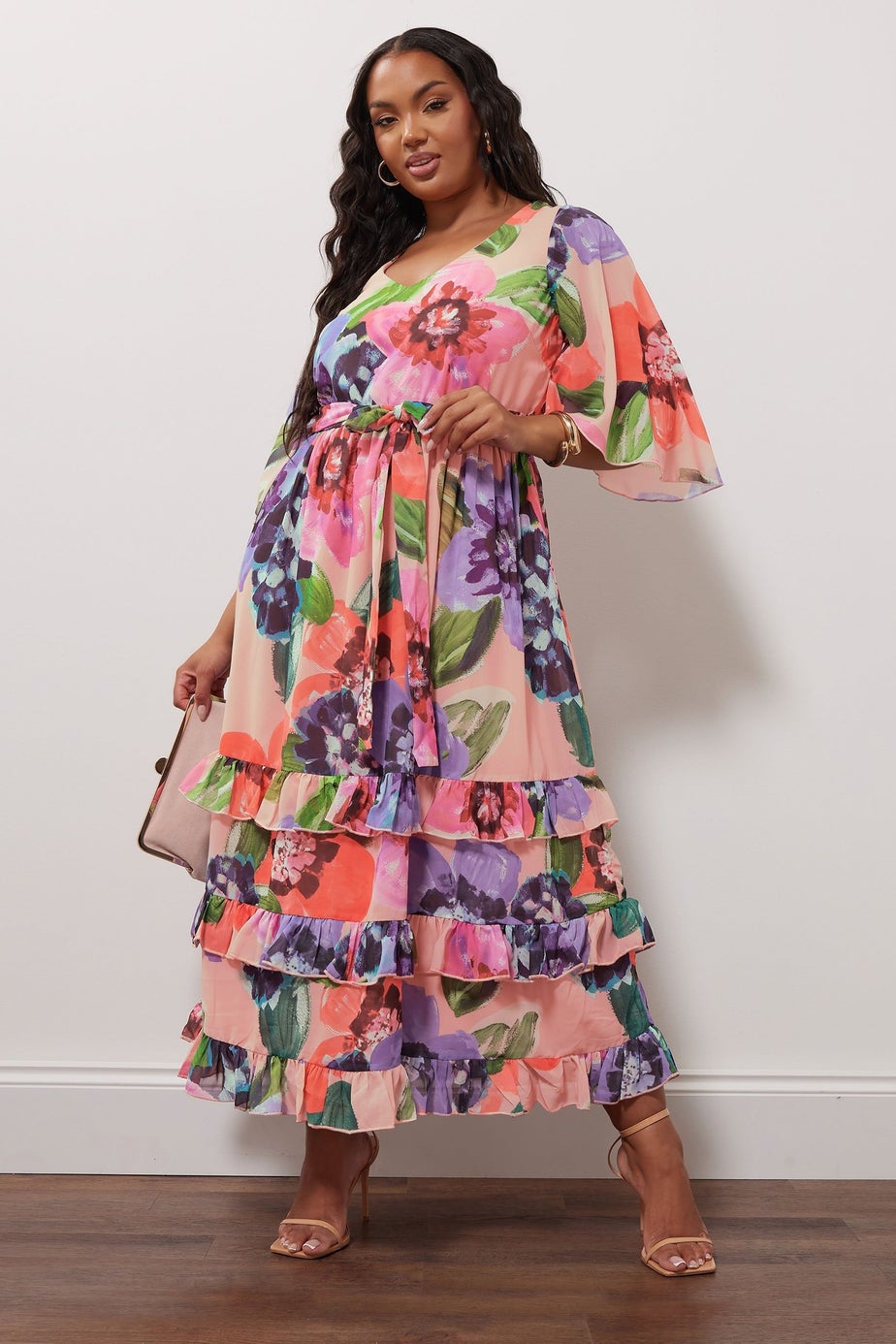 Yours London Curve Pink Floral Print Tiered Maxi Dress
