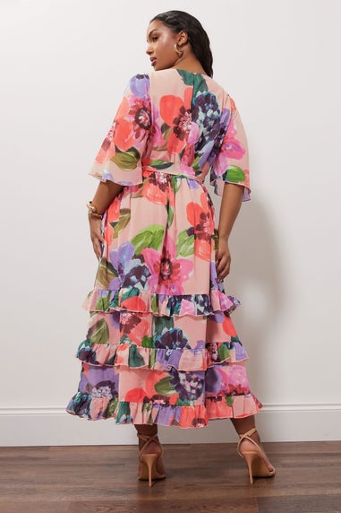 Yours London Curve Pink Floral Print Tiered Maxi Dress