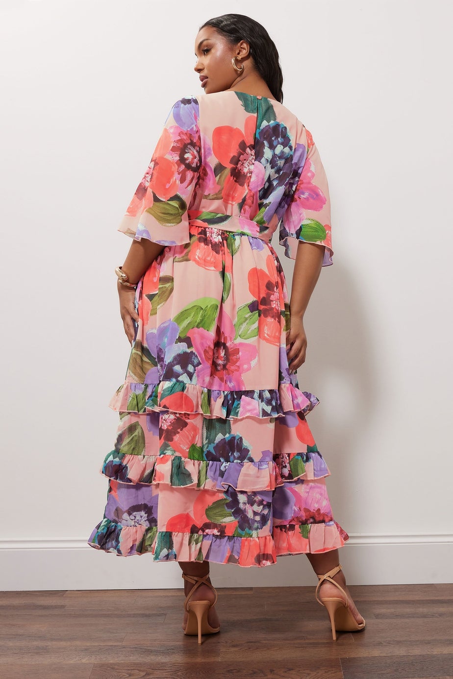 Yours London Curve Pink Floral Print Tiered Maxi Dress