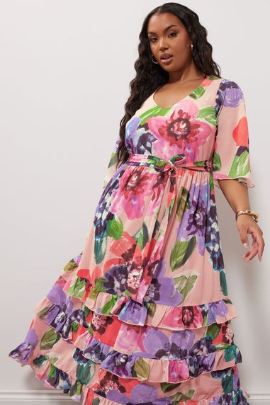 Yours London Curve Pink Floral Print Tiered Maxi Dress