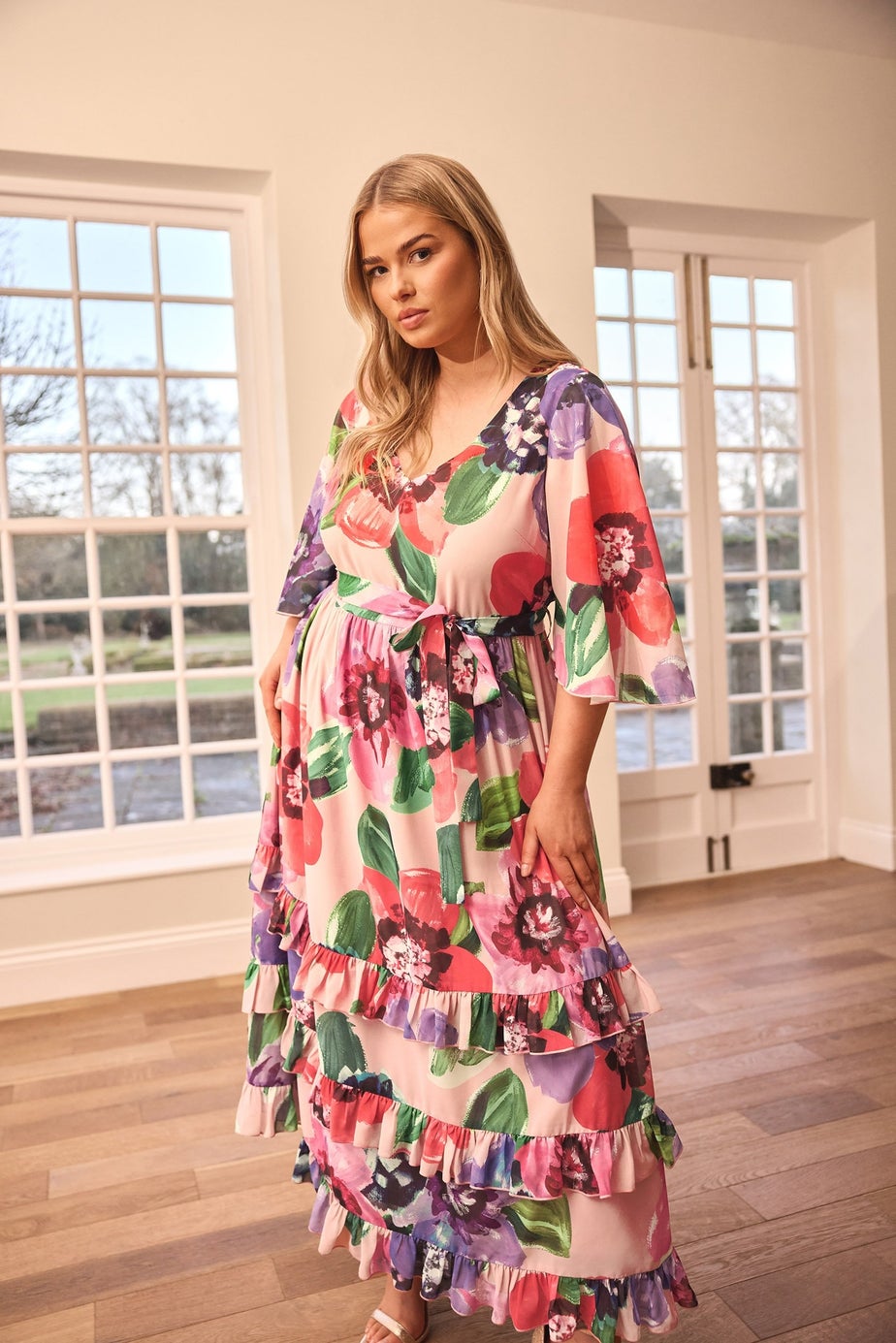 Yours London Curve Pink Floral Print Tiered Maxi Dress