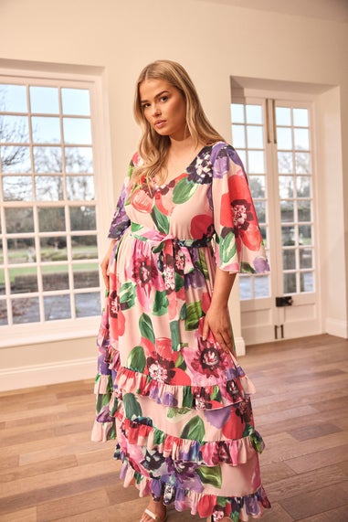 Yours London Curve Pink Floral Print Tiered Maxi Dress