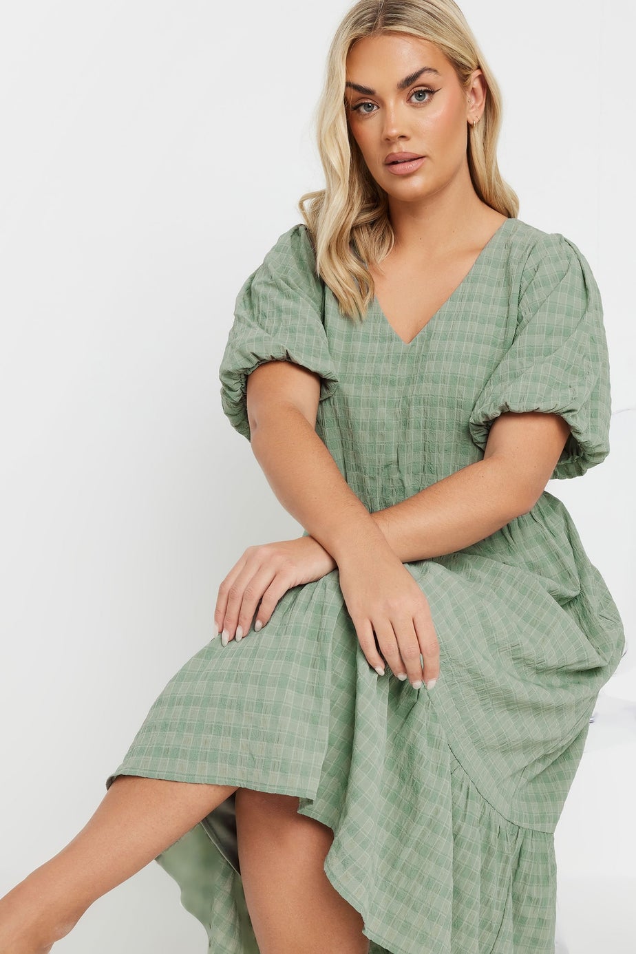 Yours Curve Green Textured Check Midi Dress