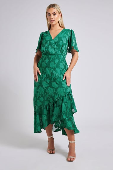 Yours London Curve Green Jacquard Floral Wrap Ruffle Hem Dress