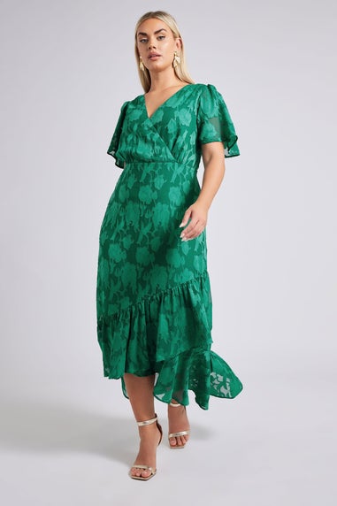 Yours London Curve Green Jacquard Floral Wrap Ruffle Hem Dress
