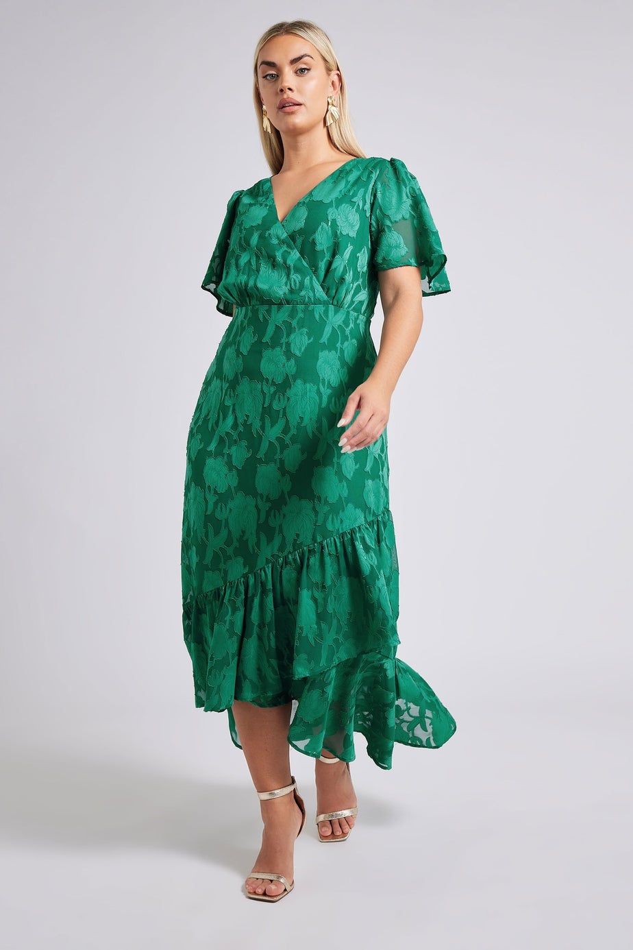 Yours London Curve Green Jacquard Floral Wrap Ruffle Hem Dress