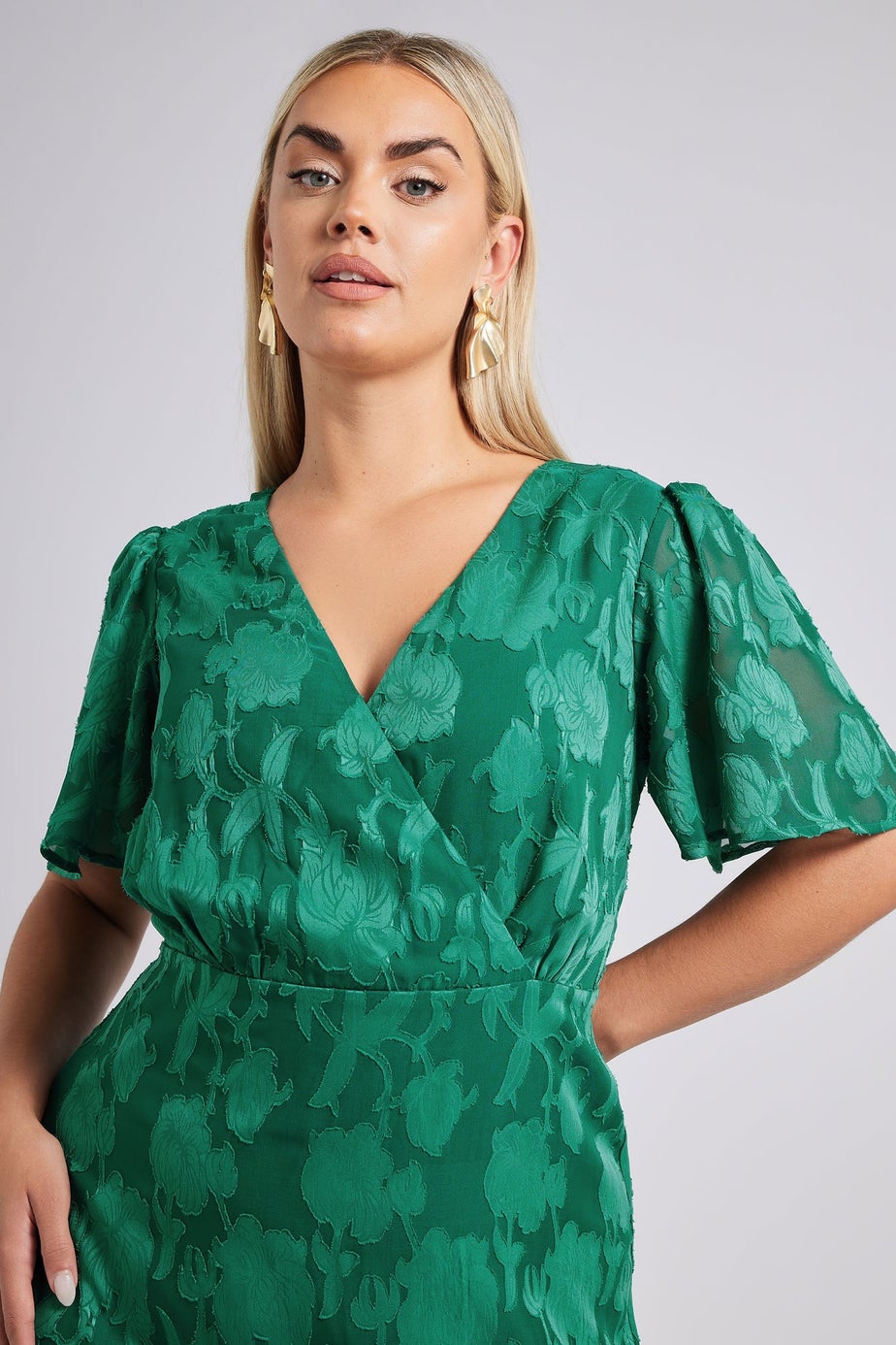 Yours London Curve Green Jacquard Floral Wrap Ruffle Hem Dress