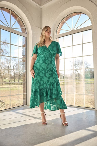 Yours London Curve Green Jacquard Floral Wrap Ruffle Hem Dress