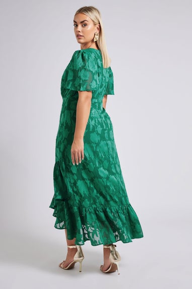 Yours London Curve Green Jacquard Floral Wrap Ruffle Hem Dress