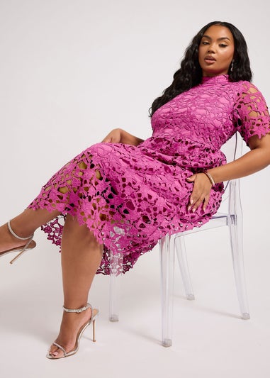 Yours London Curve Magenta Pink Lace Crochet Midi Dress