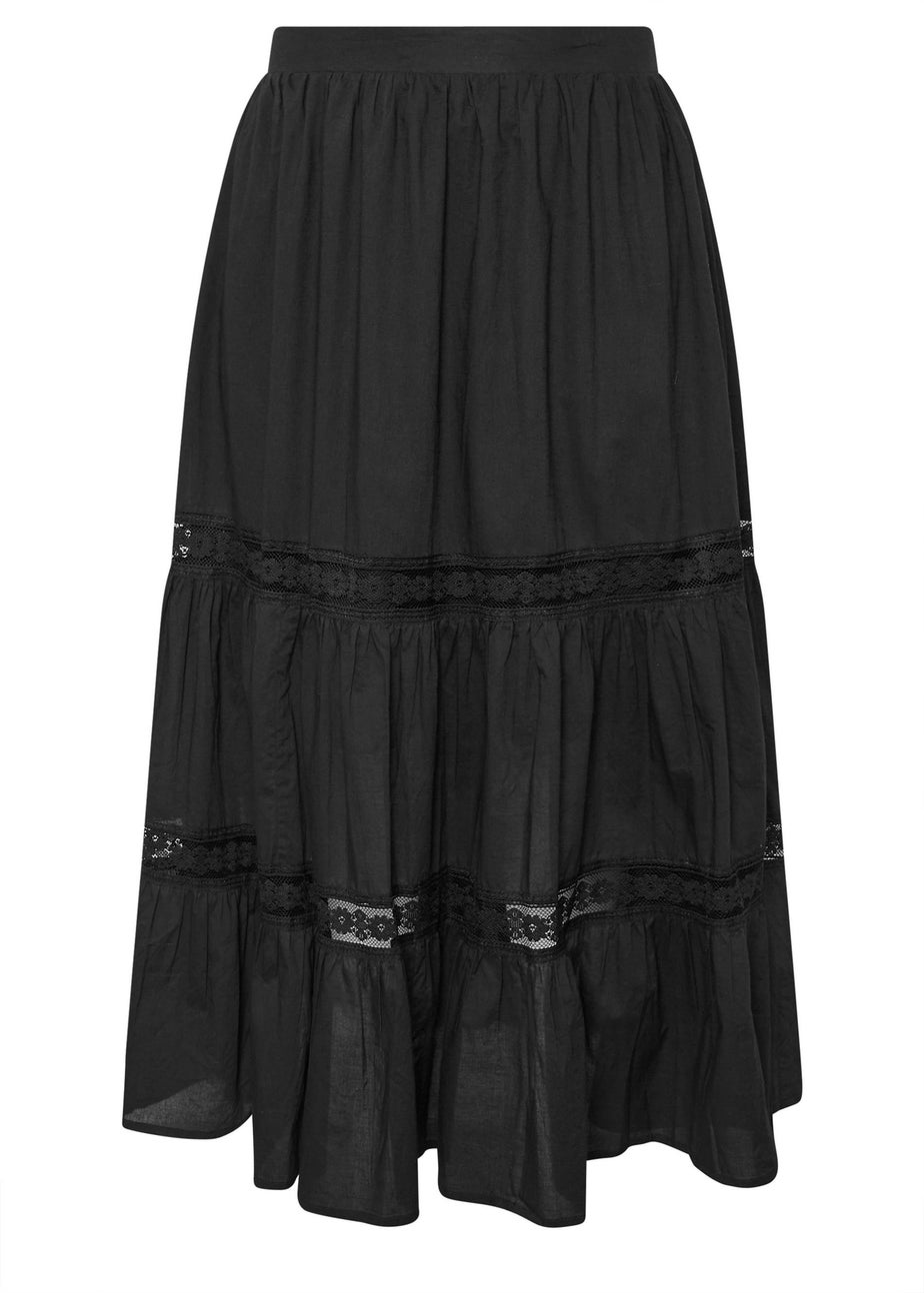 Yours Curve Black Cotton Tiered Maxi Skirt