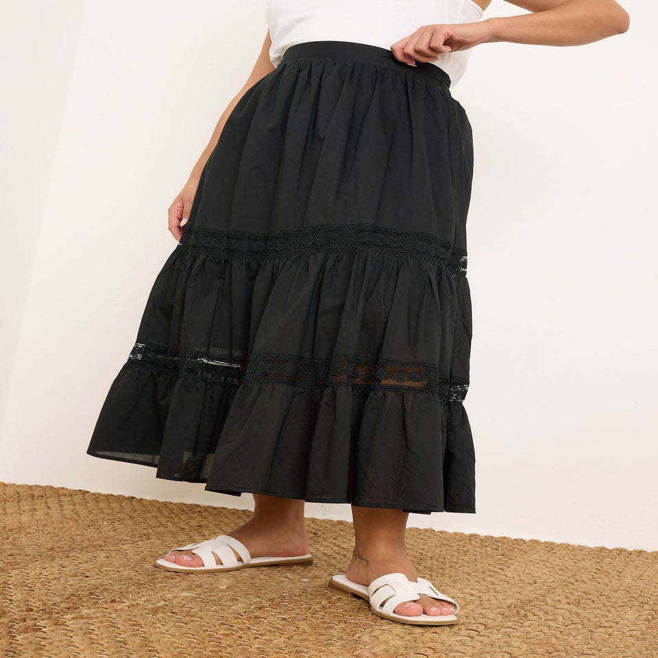 Yours Curve Black Cotton Tiered Maxi Skirt