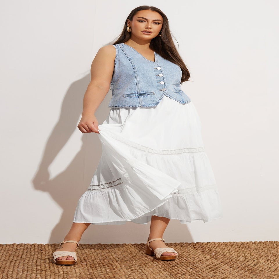 Yours Curve White Cotton Tiered Maxi Skirt