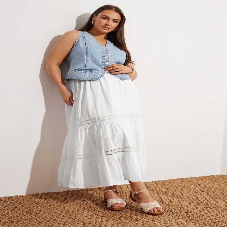 Yours Curve White Cotton Tiered Maxi Skirt