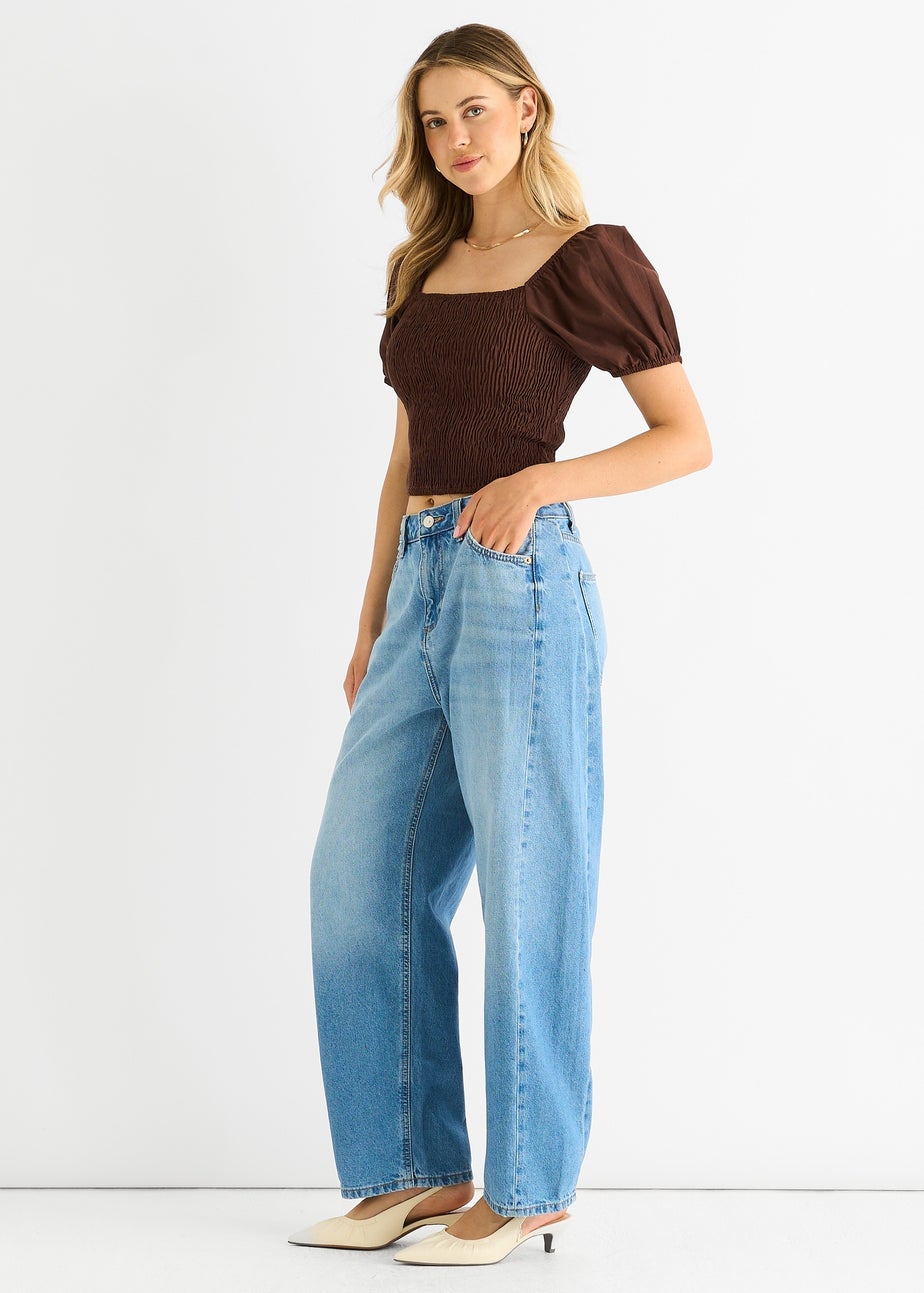 Gini London Brown Puff Sleeve Shirred Cotton Top