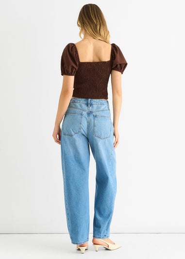 Gini London Brown Puff Sleeve Shirred Cotton Top