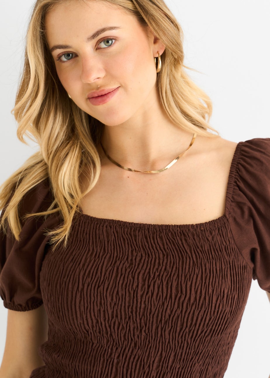 Gini London Brown Puff Sleeve Shirred Cotton Top