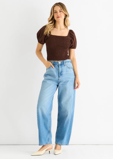 Gini London Brown Puff Sleeve Shirred Cotton Top