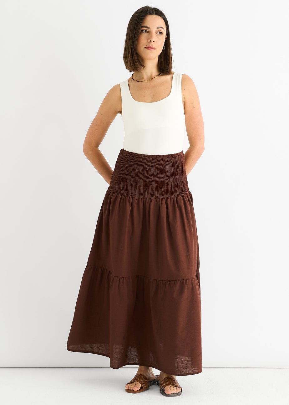 Gini London Brown Cotton Smock Tiered Cotton Maxi Skirt