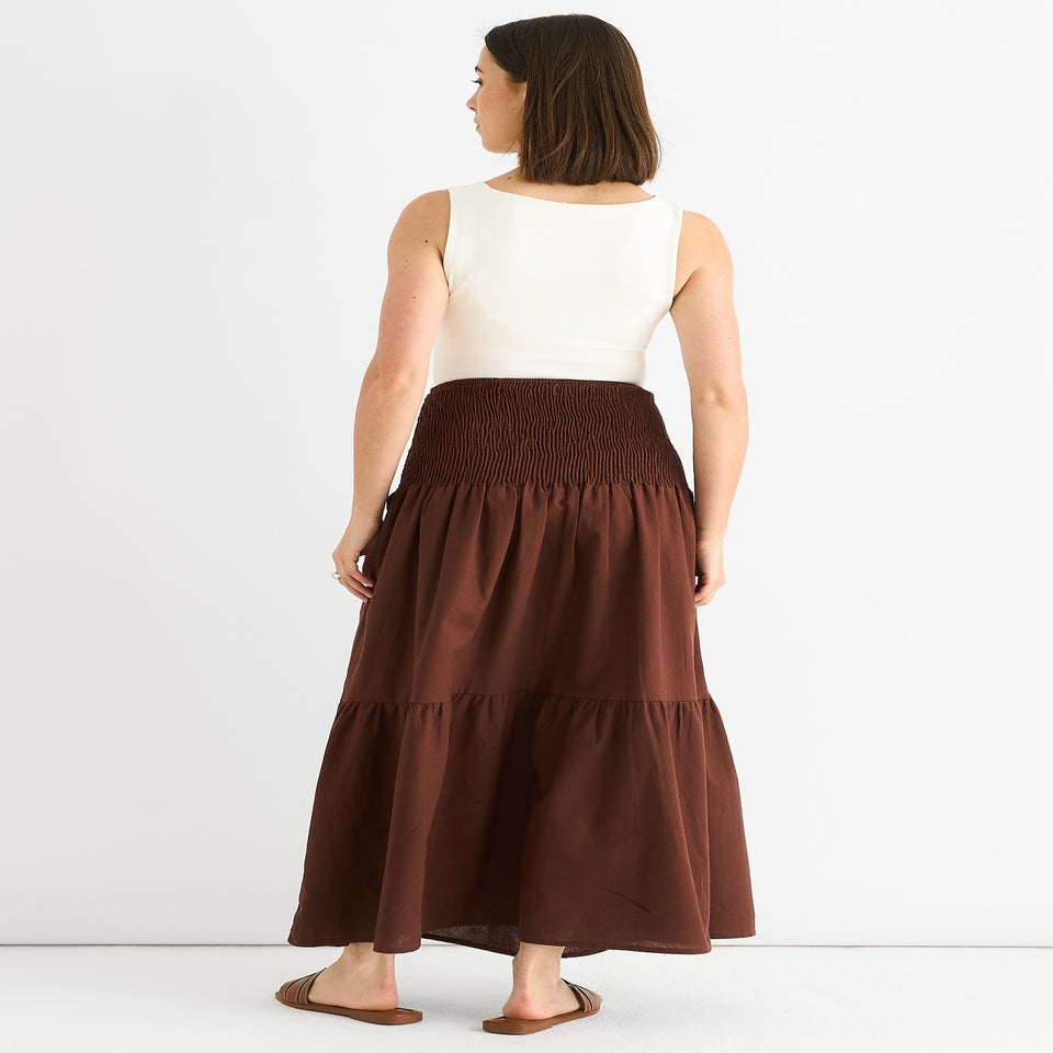 Gini London Brown Cotton Smock Tiered Cotton Maxi Skirt