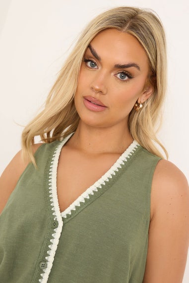 Yours Curve Khaki Green Blanket Stitch Linen Vest Top