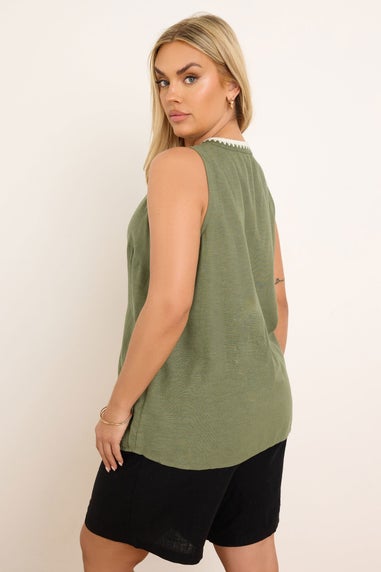 Yours Curve Khaki Green Blanket Stitch Linen Vest Top