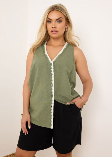 Yours Curve Khaki Green Blanket Stitch Linen Vest Top