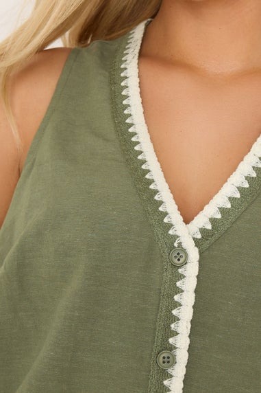 Yours Curve Khaki Green Blanket Stitch Linen Vest Top
