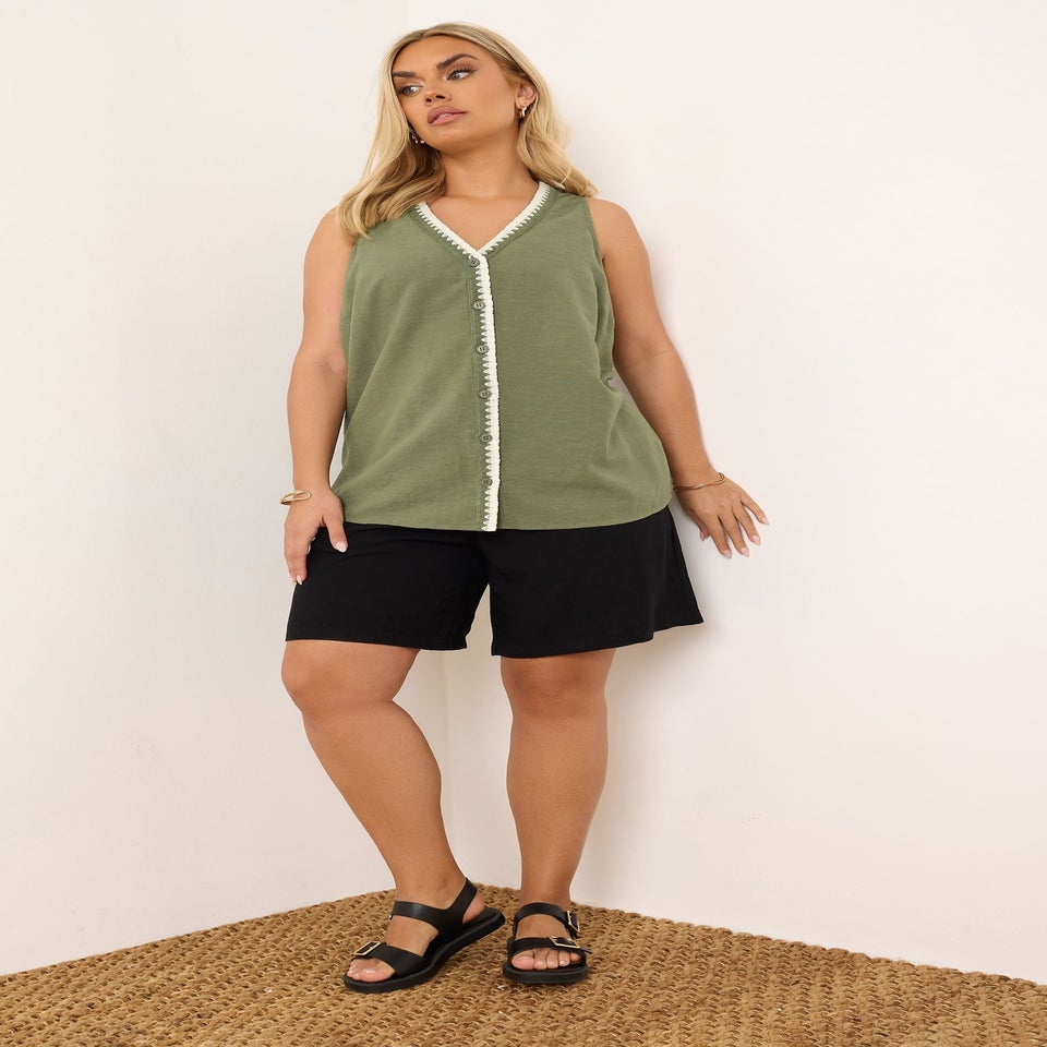 Yours Curve Khaki Green Blanket Stitch Linen Vest Top