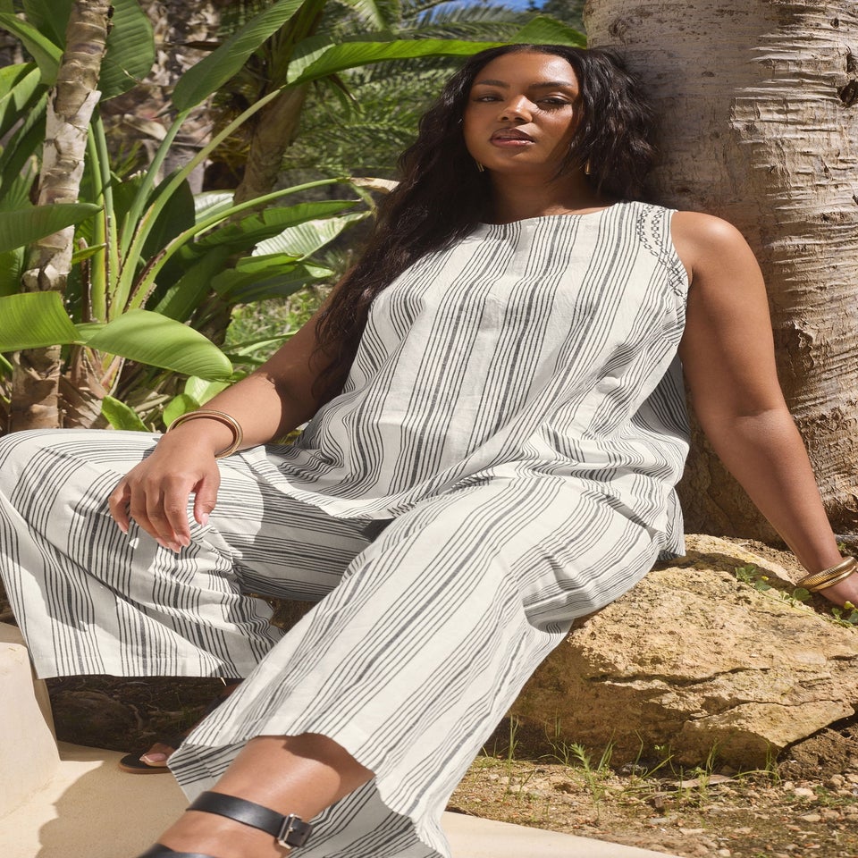 Yours Curve White Stripe Embroidered Linen Vest Top