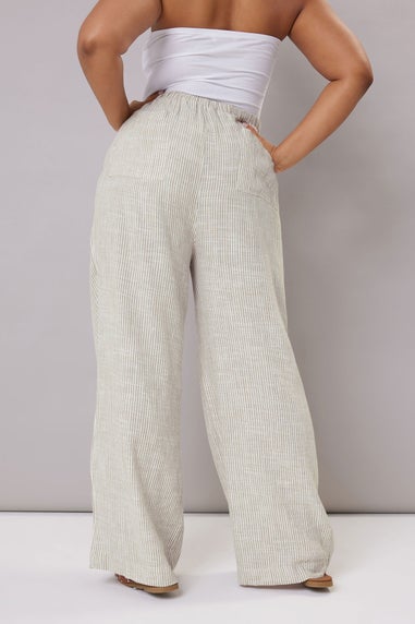 Yours Curve White Striped Linen Tie Front Trousers