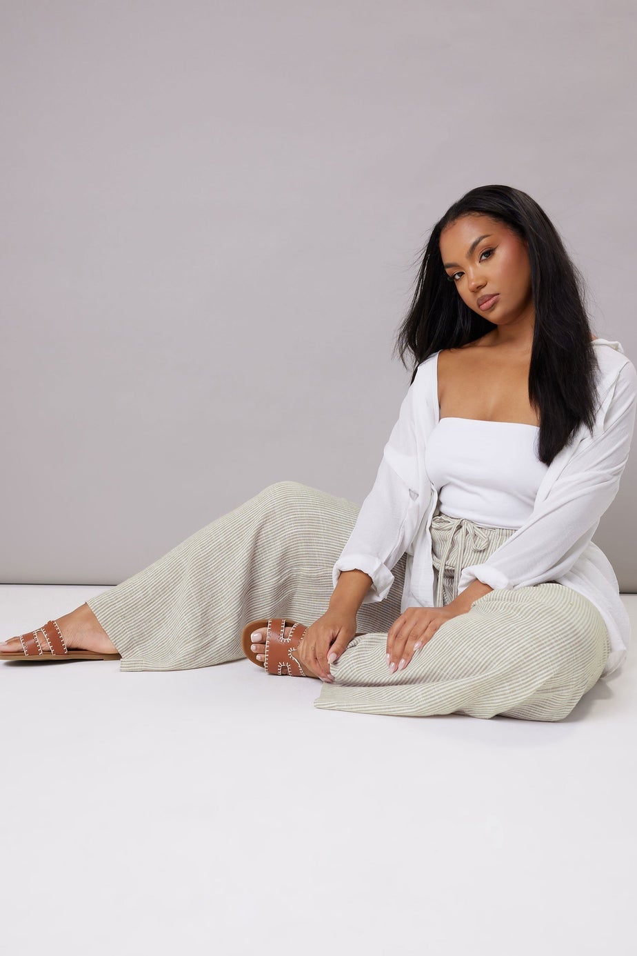 Yours Curve White Striped Linen Tie Front Trousers