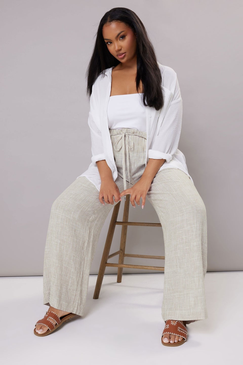 Yours Curve White Striped Linen Tie Front Trousers