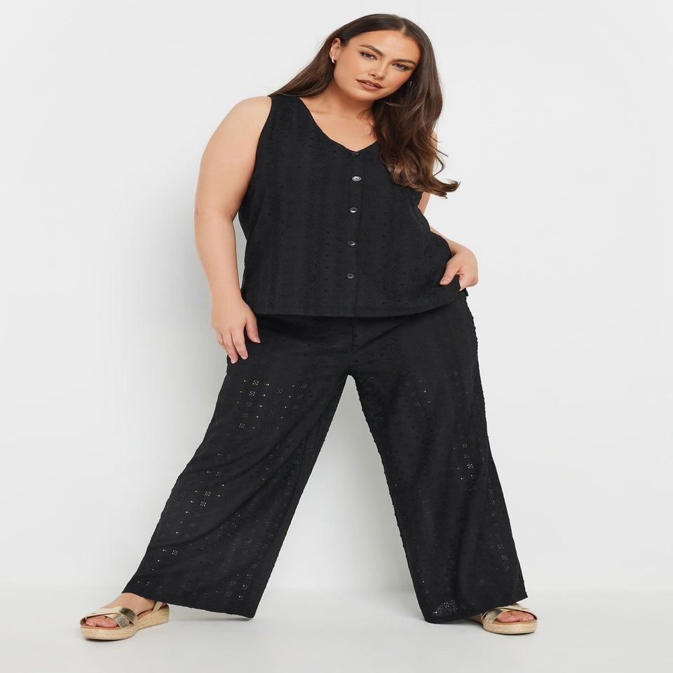 Yours Curve Black Broderie Anglaise Wide Leg Trousers