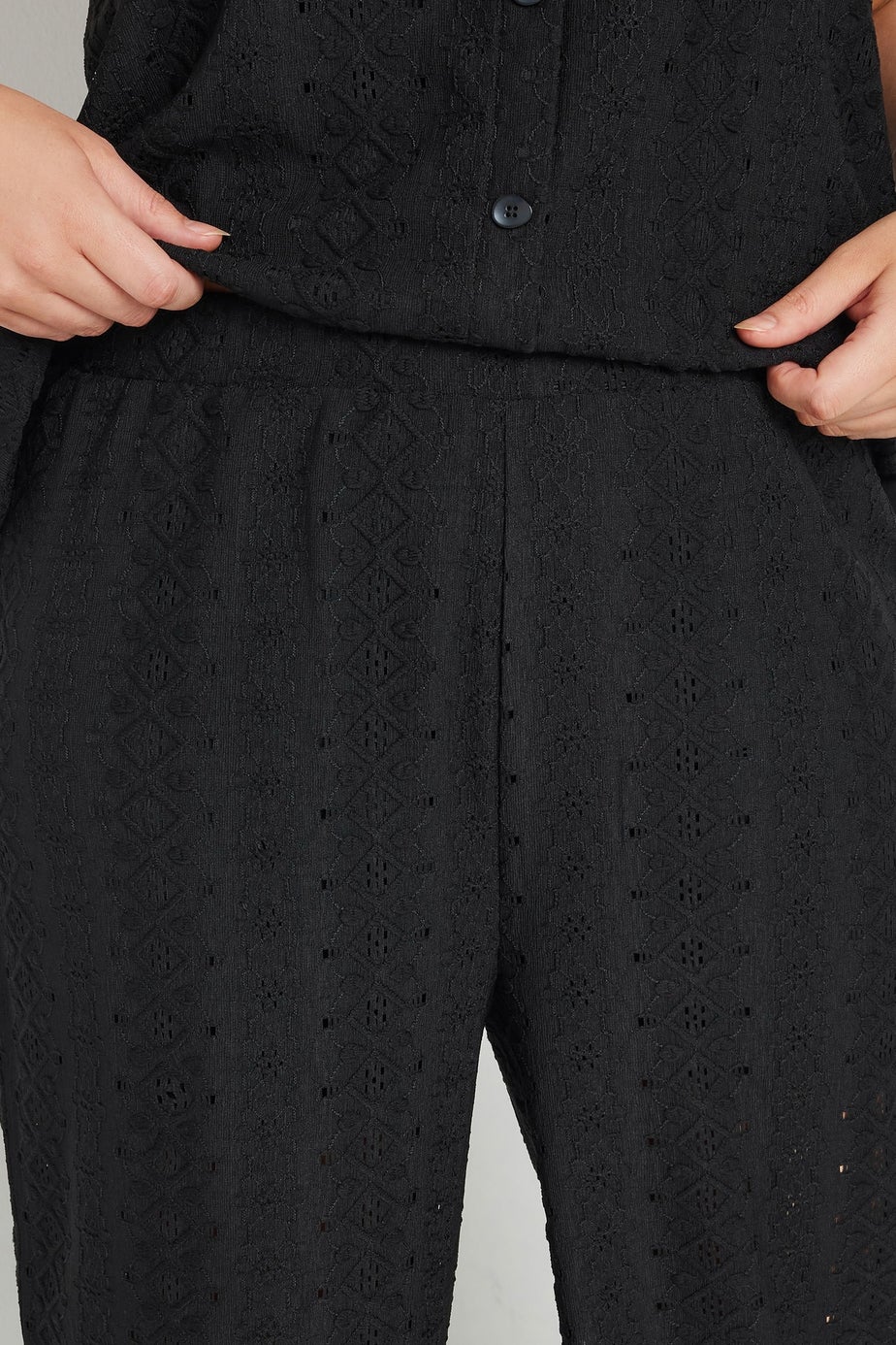 Yours Curve Black Broderie Anglaise Wide Leg Trousers