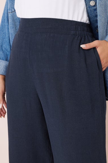 Yours Curve Navy Blue Linen Wide Leg Trousers