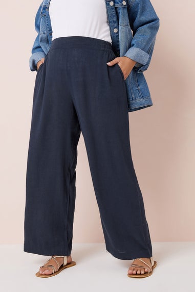 Yours Curve Navy Blue Linen Wide Leg Trousers