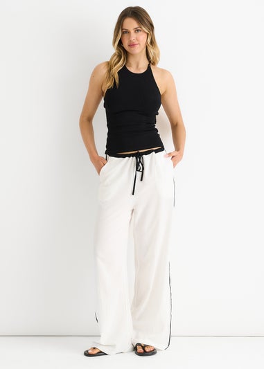 Gini London White Linen Look Contrast Stripe Drawstring Trouser
